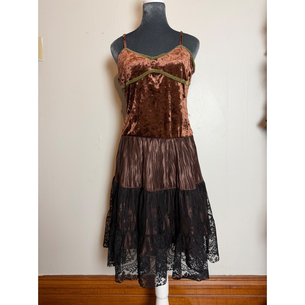 Brown Crushed Velvet Tiered Lace Midi Dress Boho baby doll romantic whimsical L